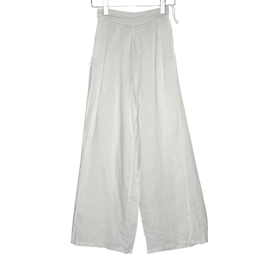Kerry Grima Linen Wide Leg Pants S Split Sides White Pockets Resort